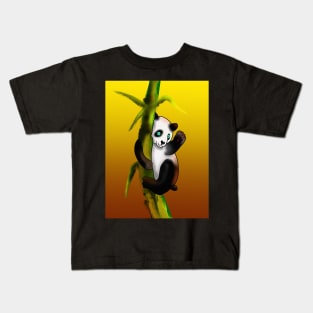 Panda climbing bamboo on a gold background Kids T-Shirt